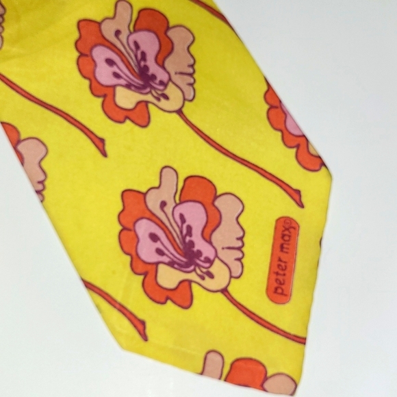 Peter Max Silk Tie Signed Pop Art Retro Rare Yellow Orange Hibiscus Floral Print - Picture 2 of 9